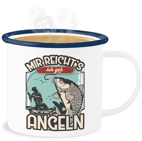 Emaille Becher Blechbecher - Deko Tasse Hobby Geschenk - Mir reicht's ich geh angeln - 300 ml - Weiß Blau - gehe
