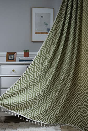 SASIGAYA Vorhänge Baumwolle Dunkelgrün Gardinen 2er Set Boho Gardinenschals Quasten Bestickte Vorhang Gardinen 220 cm lang Blickdicht Geometrische Verdunkelungsvorhänge für Schlafzimmer Wohnzimmer