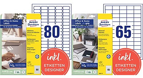 AVERY Zweckform L4732REV-10 Universal Etiketten, 10 Blatt, weiß & AVERY Zweckform 3666-10 Adressaufkleber (650 Klebeetiketten, 38x21,2 mm auf A4, bedruckbare Absenderetiketten) 10 Blatt, weiß