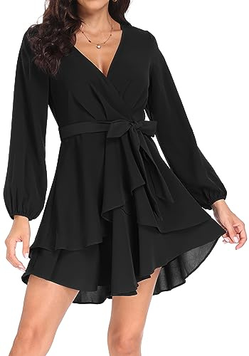 PCEAIIH Women's Cocktail Dresses Long Sleeve Empire Skater Dress Deep V-Neck Waist Tie Ruffle Mini Swing Dresses M Black