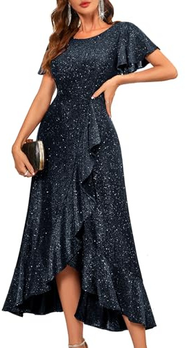 Berylove Ballkleider Glitzer Damen Kleid Hochzeit Gast Kleid Pailletten Damen Ballkleider Lang Konfirmationskleid Glitzer Kleid S007 Darkblue XL