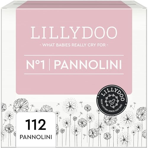 LILLYDOO - Couches Bébé Hypoallergéniques, Taille 1 (2-5 kg), Lot de 4 paquets (112 pièces), Ultra Douces et Absorbantes, sans Parfum et Lotion pour les peaux sensibles, Testées dermatologiquement