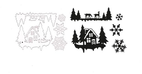 Stanzenshop Stanzschablone Haus im Schnee, Schneeflocken, Reh, Knusperhaus, Stanzformen, Schablonen, Scrapbooking, Kartenherstellung, DIY, Prägeschablonen