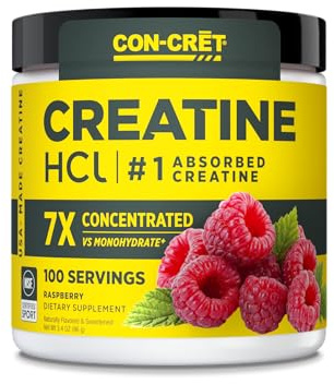 CON-CRET Creatine HCl Powder | Muscle, Cognitive, Cellular Energy Support | No Bloating or Cramps | USA Made & NSF Certified | Raspberry (100 Serving)