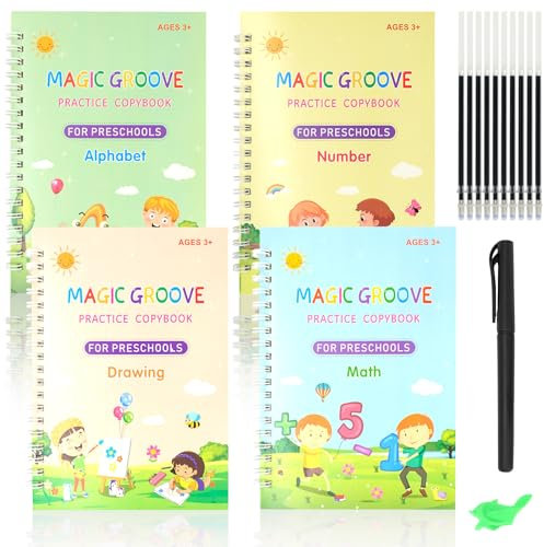 GOTFUN 4 Stück Englisch Magisches Heft, Magische Übungshefte mit Stift Wiederverwendbares Handschrift Magische Lernhefte für Kinder Lernen Mathe, Briefe, Zahlen und Zeichnung（Englische Version