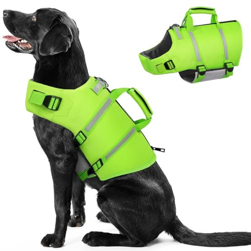 PUZAUKAL Schwimmweste Hunde Ripstop Hundeschwimmweste Dog Life Jacket mit Rettungsgriff und Reflektierenden Streifen Verstellbaren Hunde Rettungsweste für Kleine Mittel Große Hunde,Grün-S