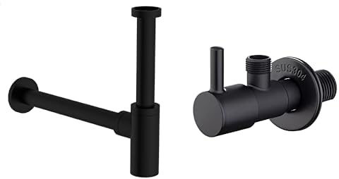 KIRCHHOFF Design Siphon, Matt Schwarzer Abfluss & Ibergrif Eckventil 1/2 Zoll Wandanschluss, 3/8 Zoll Schlauchanschluss