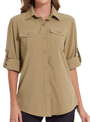 Tuopuda Blusa de Manga Larga para Mujer con Cuello en V Suelta Camisa de Secado Rápido con Bolsillos,UPF 50+Protección UV Informal Top Deportivo para Safari,Camping,Viajes(Caqui,S)