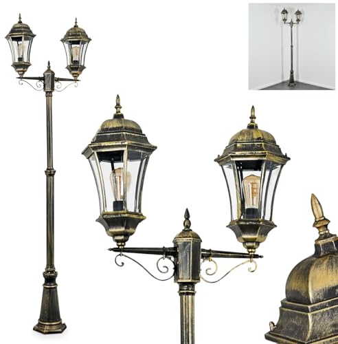 HOFSTEIN Kandelaber Etoo, Außenwegeleuchte aus Metall/Glas in Schwarz/Braun-Gold/Klar, Wegeleuchte im Landhaus/Antik/Retro/Vintage-Design für Garten, Außenbereich, Hof, max. 250 cm, 2 x E27, IP44