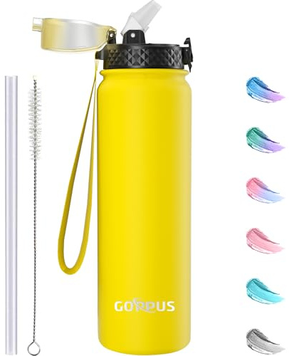 GOPPUS Botella Agua Acero Inoxidable 1L/32oz con Pajita Botellas Aisladas Doble pared Termo Reutilizable al vacío a Prueba Fugas Metal Botella Deportiva Gimnasio Fría para Hombres y Mujeres