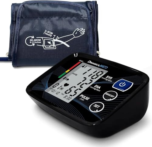 Dinamicamed A-155 Tensiomètre Bras Automatique – Mémoire 2x90 Mesures, Détection Irrégularité du Rythme Cardiaque, Brassard Réglable 22-42 cm, écran rétroéclairé, piles incluses