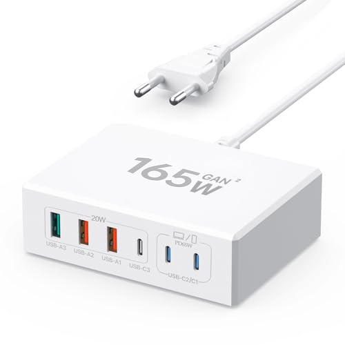 USB C Ladegerät, 165W USBC Adapter Mehrfach Ladegerät 6-Port mit 3 USB-C und 3 USB-A, Schnellladegerät PD 3.0 USBC Charger Power Netzteil Kompatibel mit iPhone/Galaxy/Google/iPad/Laptop/Tablets