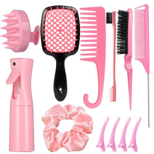 12 Stück Haarkamm und Haarbürsten Set für Männer Frauen, Silikon Kopfhaut Massager Shampoo Bürste Für Dusche, Friseur Spray Flasche, Haar Styling Werkzeuge, Reise Essentials (Rosa)