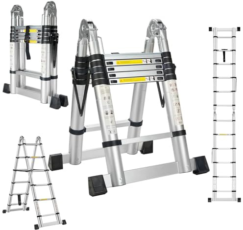 STANEW Teleskopleiter Klappleiter Aluminium 3,8 M (1,9 + 1,9) | Ausziehbare Aluminium-Mehrzweckleiter mit rutschfesten Füßen und 2 Stabilisatoren EN131, Maximale Belastbarkeit 150 kg