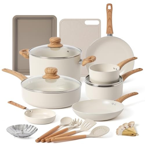 ONGIFT Juego de 23 ollas y sartenes antiadherentes, con sartén, cacerola, sartén, juego de cocina ligero con asas de impresión de madera que se mantienen frías, sin PFAS ni PFOA, madera clara