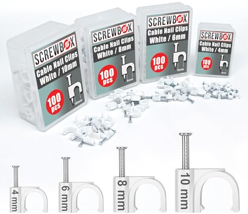 SCREWBOX Kabel-Clips, 400 Stück, langlebige weiße Drahtklemmen, 4/6/8/10 mm, runde Nagelclips, 4 Größen (4 mm, 6 mm, 8 mm, 10 mm), Kabelhalter, Kabelbinder-Clips, elektrische Kabel-Management-Clips.