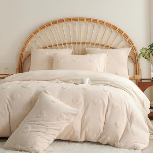 Tospass Plüsch Bettwäsche Set 135x200cm Beige Getuftet Herz Coral Fleece Flauschig Deckenbezug Flanell Cashmere Touch Warme Winterbettwäsche Bettbezug mit Reißverschluss und Kissenbezug 80x80cm