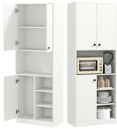 KOMFOTTEU Credenza Alta da Cucina 166 cm, Mobile Cucina Dispensa con 3 Porte, 2 Cassetti e 4 Ripiani Aperti, Mobile Buffet Multifunzionale per Bagno, Soggiorno, Sala da Pranzo, 60×33×166 cm (Bianco)