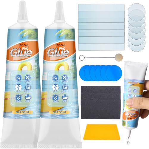 Taricor Kit Di Riparazione Per Piscina, Kit Di Riparazione Gonfiabile In Vinile Da 100 Ml (50 Ml X 2), Kit Di Riparazione Impermeabile Per Vasca Idromassaggio, Kit Con 17 Toppe In Pvc (Trasparente/Blu