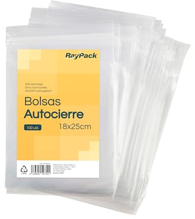 Raypack – Pack de 100 Bolsas Transparentes con Cierre Zip, Bolsas Autocierre de Plástico, Bolsas con Cierre Hermético Reutilizables y Resistentes, Bolsas Zip para Múltiples Usos (18x25)