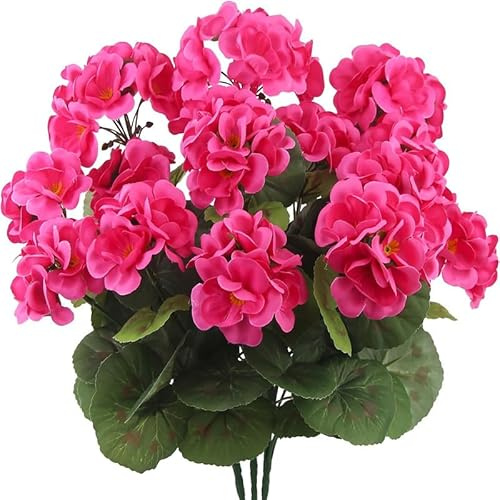 Mounteps Juego de 3 flores artificiales de geranio realistas, plantas falsas duraderas para una impresionante decoración de jardín interior y exterior (rojo rosa)