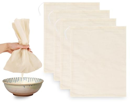 4PCS Cotton Muslin Straining Bags, Reusable Cheese Cloth Cheesecloth for Straining Strainer Bag for for Nut Milk, Juice, Grape Juice, Jelly, Yogurt, Home Brewing (25cm x 35cm)