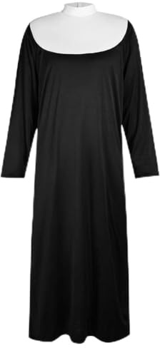 Aomig Nonnen Kostüm mit Schlitz Nonne Kloster Schwester Mittelalterkostüm Herren Religiös Vikare Schwarz Kostüm Outfit mit Nonnenhaube Hut Halskette Nonnenkleid Geeignet für Halloween Karneval Cosplay