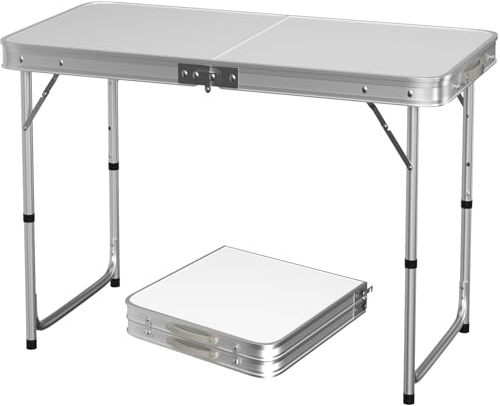 HSHa 120cm Folding Picnic Table, Aluminum Rectangle Camping Folding Table Adjustable Garden Outdoor Picnic Table Kitchen Work Top Table, 120x60x70/62/55cm (White)