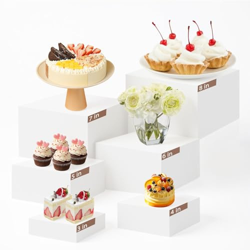 FitRepa 6 PCS Buffet Risers, White Acrylic Food Risers Stand Party Display, 3x4x5x6x7x8 Inch, Dessert Table Display Set, Party Riser for Catering Jewelry Figures Party Cake Show