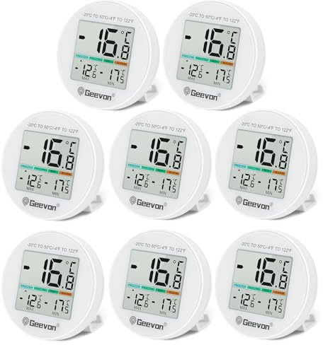 Geevon Kühlschrankthermometer, Digital Mini, IP65 Wasserfest, für Kühlschrank Gefrierschrank Innen Thermostat mit LCD Bildschirm, Ständer Magnetrückseite Max Min Aufzeichnung-mit Batterien (8724-8pcs)