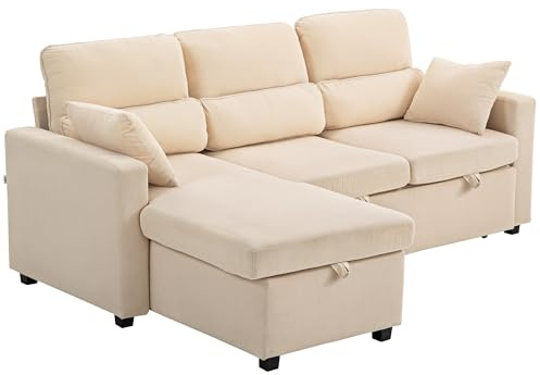 HOMCOM Ecksofa mit Schlaffunktion L-Form Sofa Schlafsofa mit Bettkasten, Kissen, 3-Sitzer Wandelbare Eckcouch mit Cordoptik Schlafcouch für Wohnzimmer, Gästezimmer, Beige