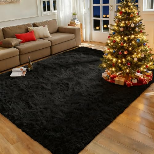 ZXIAOHUI Flauschiger Teppich 130 x 210 cm Anti-Rutsch Unterseite, Flauschig, Super Soft, Moderne Deko, Waschbar, Flauschiger Hochflor Teppich, Wohnzimmer Teppiche, für Schlafzimmer, Schwarz