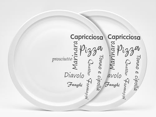 Van Well Pizzateller Italia 30,5 cm – runder Porzellanteller mit italienischem Typografie-Design, modern, weiß, spülmaschinengeeignet, ideal für Pizza & Pasta