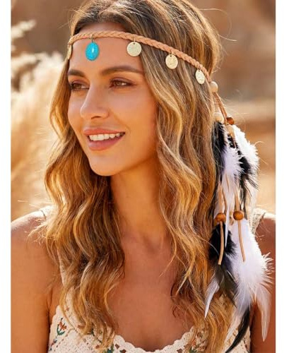 Fashband Indisches Feder-Stirnband mit Pailletten, Quaste, Hippie, Tribal-Kopfschmuck, Festival, Haarschmuck für Damen, Schwarz