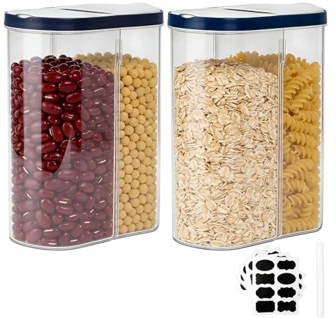 SICANAUO Cereal Storage Containers Set, 2pcs Airtight Food Storage Container, 2-in-1 Food Grade BPA Free Dispenser, 2.8L Dry Food Bins with 5 Lbels for Kitchen Pantry Cereal Pasta Rice & Dry Foods