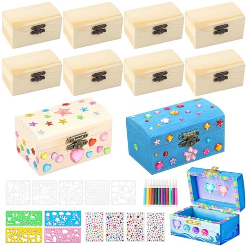 10 Stück Mini Schatztruhe Holz Set, Schatzkiste Holz Bastelset, DIY Kleine Holzkiste mit Deckel, 4 Diamantaufkleber, 9 Malvorlagen und 12-Farben-Aquarellstift für Bemalen, Dekorieren und Basteln
