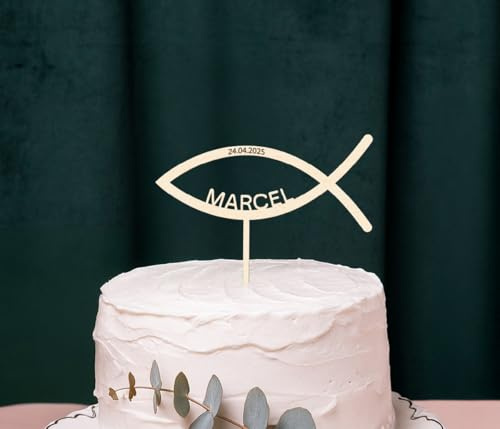 Cake Topper Ichthys Fisch mit Namen personalisiert – Holz Kuchenstecker für Kommunion, Konfirmation, Taufe & Firmung – christliche Tortendekoration