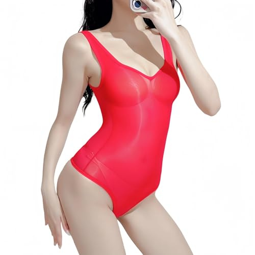 TouKingda Glossy Shiny See Through Bodysuit for Women Naughty Sleeveless | Mesh Body Suit U-Neck Wet Look One Piece Leotard Slim Fit High Cut Thong Jumpsuit Nightwear Party Club Cosplay Costume