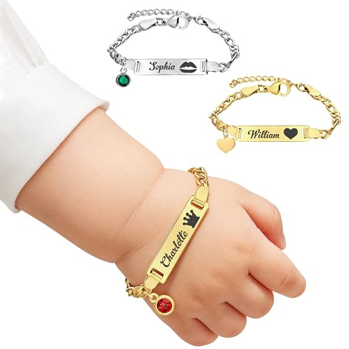 ELULAE Bracelet Bébé Personnalisé Plaqué Or 18K avec Prénom et Pierre de Naissance, Longueur Réglable - Cadeau de Naissance, Baptême pour Nouveau-né et Parents