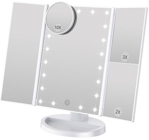 WEILY 3 Seiten Kosmetikspiegel mit 21 LED Beleuchtungen, 1X/ 2X/ 3X Vergrößerung, Touch-Schalter, dimmbar Makeup-Spiegel,180 Grad frei drehbare Tischspiegel, wiederaufladbare Schminkspiegel (Weiß)