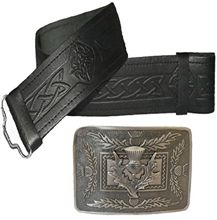 MAZE Cintura da kilt in pelle goffrata e fibbia antica con cardo Embossed Black With Antique Thistle Buckle 106,68 cm