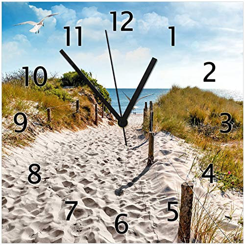 Wallario Design-Wanduhr Möwen auf dem Weg zum Strand aus Glas, Motiv-Uhr Größe 30 x 30 cm, Schwarze Zeiger