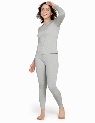 LAPASA Damen Innenfleece Thermounterwäsche Set, Thermooberteil & Thermohose Leggings Funktionsunterwäsche Sets, L17 Hellgrau, 100 Warm, L