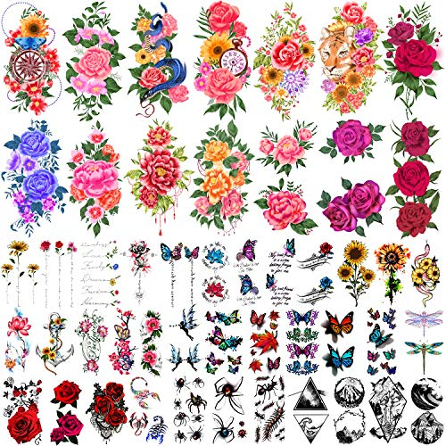 49 fogli tatuaggi temporanei per donne e uomini 3D kit di tatuaggi finti impermeabili extra grandi fiori impermeabili
