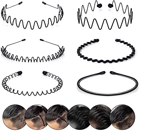 6 Stück Multi Style Metall Haarband, Haarreifen Männer Damen, Schwarz Rutschfeste Elastisches Mode Haarreif Haarstyling Zubehör für den Täglichen Gebrauch Bilden Outdoor Sport Yoga