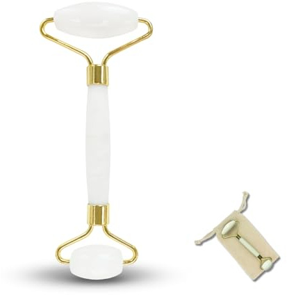 Jade Roller White Masseur Face - Jade Roller in Naturstein + Schutzhülle - Anti -Agage - reduziert feine Linien - Stimuliert die Blutkreislauf - gesunde und Brillante Haut - Sun & Sia
