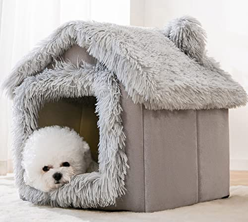 Hundehaus, Haustierzelt, Hundehöhle, Bett für Katzen, warmes Haustier, Schlafhaus, Katzenhaus, Hundehütte, Haustiernest, faltbar, für den Innenbereich, Katze, Hundehütte (Größe M, grauer Plüsch)