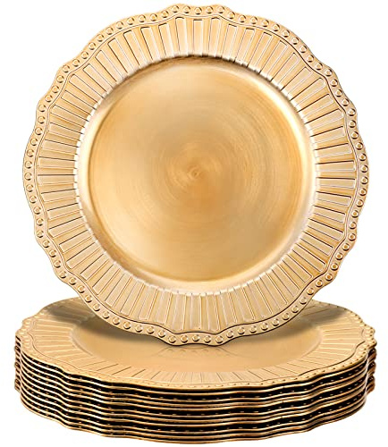 Dicunoy 12 Pack Charger Plates, 13Inch Plastic Gold Dinner Under Plates with Round Service Base, Reusable Beaded Server Ware Serving Trays for Wedding, Christmas Dinner Table