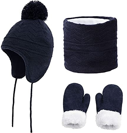 3Pcs Ensemble Bonnet Tricoté Enfant Écharpe Gants d'hiver Cagoules Ski Chaud Tour De Cou Moufle Fille Garçon Bonnet Pompon avec Épaisse Doublure Polaire Chapeau Oreillette et Cache-Cou