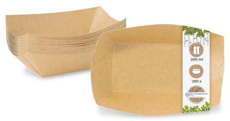 GREENBOX Premium-Karton-Snack-Schalen 200 ml I Papp-Geschirr in 12,5 x 10,5 x 3,5 cm I Snackschale für Fastfood I biologisch abbaubar & plastikfrei I aus recycelten Materialien I 250 Stück
